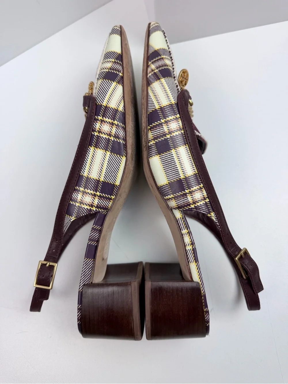 Tory Burch Mini Benton Charm Slingback Loafers Size 10.5 Plaid Burgundy